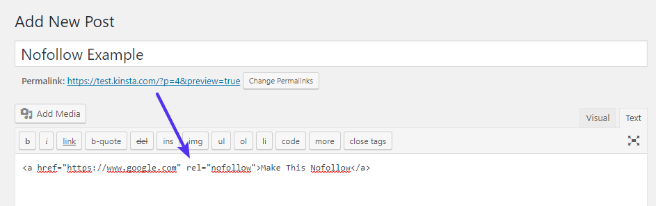 Füge dem Link-HTML ein nofollow-Attribut hinzu